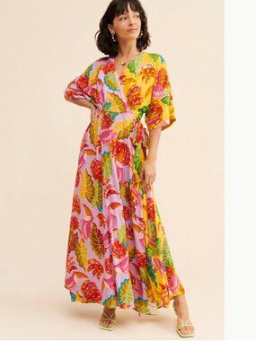 Farm Rio Mixed Beaks & Bananas Pink Yellow Floral Printed Wrap Maxi Dress